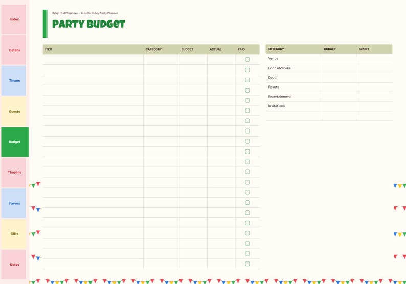 May include: A digital party budget planner template with a cream background, featuring a green header labeled PARTY BUDGET. It includes a large table for itemized expenses and a smaller summary table for categories like venue, food, and decor.