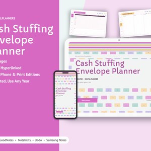 May include: A digital Cash Stuffing Envelope Planner displayed on a tablet and smartphone screen, featuring a pattern of colorful rectangles. The text reads Cash Stuffing Envelope Planner, 14 Pages, Fully Hyperlinked, iPad, Phone & Print Editions, Undated, Use Any Year, and Works with GoodNotes, Notability, Xodo, Samsung Notes.