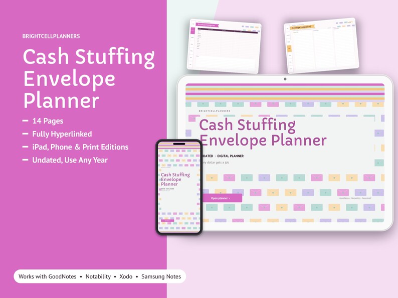 May include: A digital Cash Stuffing Envelope Planner displayed on a tablet and smartphone screen, featuring a pattern of colorful rectangles. The text reads Cash Stuffing Envelope Planner, 14 Pages, Fully Hyperlinked, iPad, Phone & Print Editions, Undated, Use Any Year, and Works with GoodNotes, Notability, Xodo, Samsung Notes.
