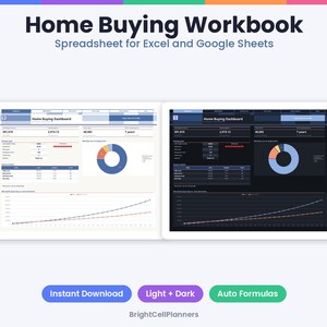 May include: Home Buying Workbook spreadsheet for Excel and Google Sheets featuring a light and dark mode dashboard with financial data, charts, and graphs. Includes text labels: Home Buying Workbook, Instant Download, Light + Dark, Auto Formulas, and BrightCellPlanners.