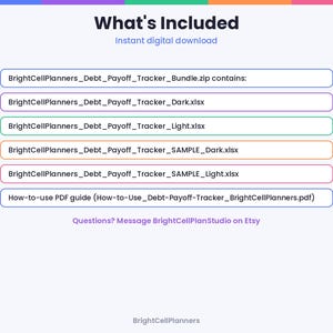 May include: A digital download list titled What's Included featuring BrightCellPlanners_Debt_Payoff_Tracker_Bundle.zip, BrightCellPlanners_Debt_Payoff_Tracker_Dark.xlsx, BrightCellPlanners_Debt_Payoff_Tracker_Light.xlsx, and a How-to-use PDF guide.