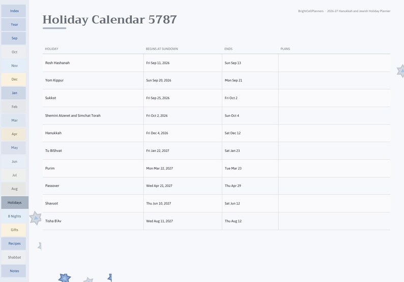 May include: A digital Holiday Calendar 5787 planner page featuring a table with columns for Holiday, Begins at Sundown, Ends, and Plans. The list includes Rosh Hashanah, Yom Kippur, Sukkot, Hanukkah, and other Jewish holidays with dates.