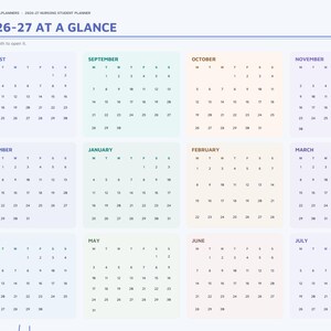 May include: A digital 2026-27 nursing student planner page titled 2026-27 AT A GLANCE. It features a grid of twelve monthly calendars from August to July, each with a soft pastel background, organized with a sidebar navigation menu.
