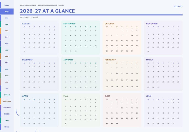 May include: A digital 2026-27 nursing student planner page titled 2026-27 AT A GLANCE. It features a grid of twelve monthly calendars from August to July, each with a soft pastel background, organized with a sidebar navigation menu.