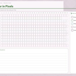 May include: A digital Year in Pixels planner page with a grid for tracking daily moods, featuring a color key with options for Great, Good, Okay, Low, and Hard. The layout includes a monthly row structure, a notes section, and side navigation tabs.