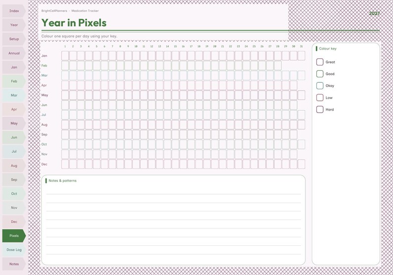 May include: A digital Year in Pixels planner page with a grid for tracking daily moods, featuring a color key with options for Great, Good, Okay, Low, and Hard. The layout includes a monthly row structure, a notes section, and side navigation tabs.