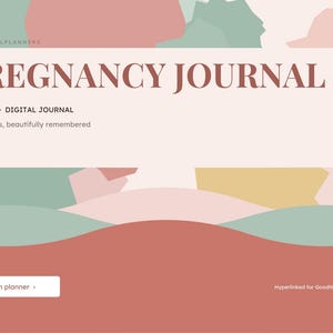 Może przedstawiać: Cyfrowy dziennik ciążowy w stonowanej palecie kolor&oacute;w obejmującej terakotę, szałwiową zieleń i krem. Tekst zawiera napisy PREGNANCY JOURNAL, UNDATED DIGITAL JOURNAL, Forty weeks, beautifully remembered, Open planner oraz Hyperlinked for GoodNotes - Notability.