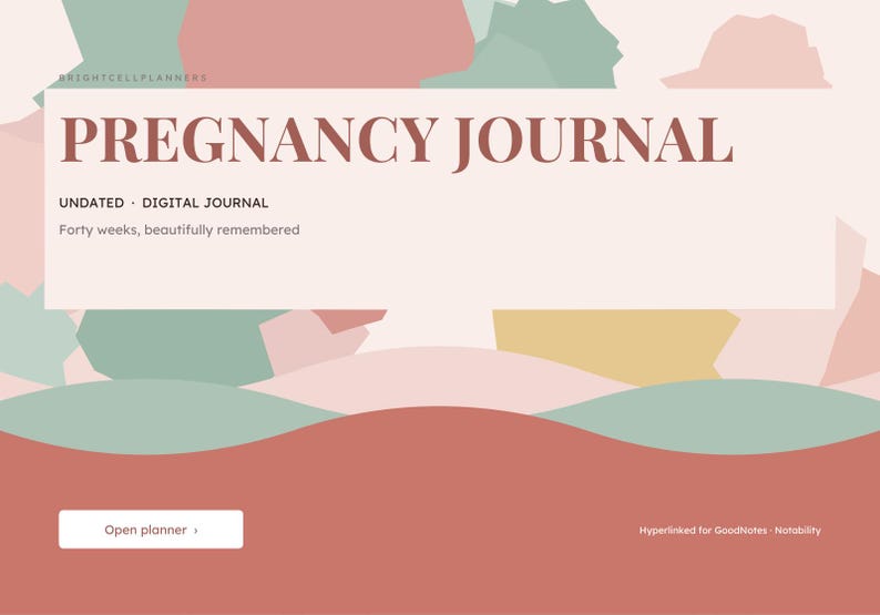 Może przedstawiać: Cyfrowy dziennik ciążowy w stonowanej palecie kolor&oacute;w obejmującej terakotę, szałwiową zieleń i krem. Tekst zawiera napisy PREGNANCY JOURNAL, UNDATED DIGITAL JOURNAL, Forty weeks, beautifully remembered, Open planner oraz Hyperlinked for GoodNotes - Notability.