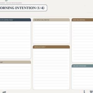 May include: A digital daily reflection journal page titled Morning Intention (1/4) with sections for What Is In My Control Today, The Virtue I Will Practice, How I Will Respond, Obstacles I Expect, What Is Not, and One Line To Remember.