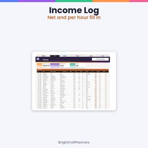 May include: A digital income log spreadsheet displayed on a tablet screen. The interface features a dark header with the text Income Log, Net and per hour fill in, and BrightCellPlanners. The table includes columns for date, description, and financial data.