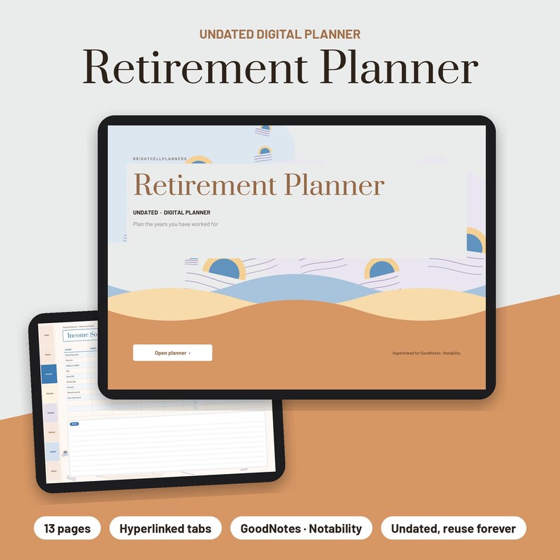 K&ouml;nnte beinhalten: Ein undatierter digitaler Ruhestandsplaner auf zwei Tablet-Bildschirmen. Der Hauptbildschirm zeigt den Titel Retirement Planner mit abstrakten blauen und beigen Wellengrafiken. Der zweite Bildschirm zeigt eine linierte Seite.