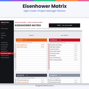 Puede incluir: Una interfaz de planificador de gesti&oacute;n de proyectos Eisenhower Matrix de BrightCell Planners. El dise&ntilde;o presenta cuatro cuadrantes etiquetados como Do First, Schedule, Delegate y Eliminate, con listas de tareas y fechas.