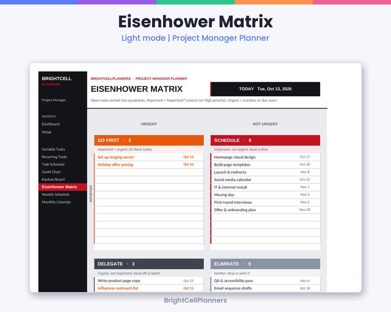 Puede incluir: Una interfaz de planificador de gesti&oacute;n de proyectos Eisenhower Matrix de BrightCell Planners. El dise&ntilde;o presenta cuatro cuadrantes etiquetados como Do First, Schedule, Delegate y Eliminate, con listas de tareas y fechas.