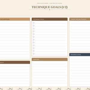 May include: A digital music practice journal page titled TECHNIQUE GOALS (1/2) with a sidebar of tabs. The layout features sections for SCALES AND ARPEGGIOS, TECHNIQUE FOCUS, THEORY AND EAR TRAINING, TEMPO GOALS, EXERCISES, and PROGRESS NOTES.