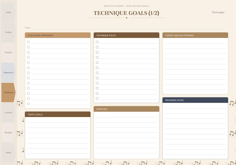 May include: A digital music practice journal page titled TECHNIQUE GOALS (1/2) with a sidebar of tabs. The layout features sections for SCALES AND ARPEGGIOS, TECHNIQUE FOCUS, THEORY AND EAR TRAINING, TEMPO GOALS, EXERCISES, and PROGRESS NOTES.