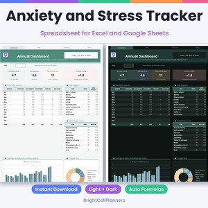 May include: Anxiety and Stress Tracker spreadsheet for Excel and Google Sheets featuring two Annual Dashboard views in light and dark modes. The interface displays monthly data tables, trigger lists, bar charts, and pie charts for tracking mental health metrics.