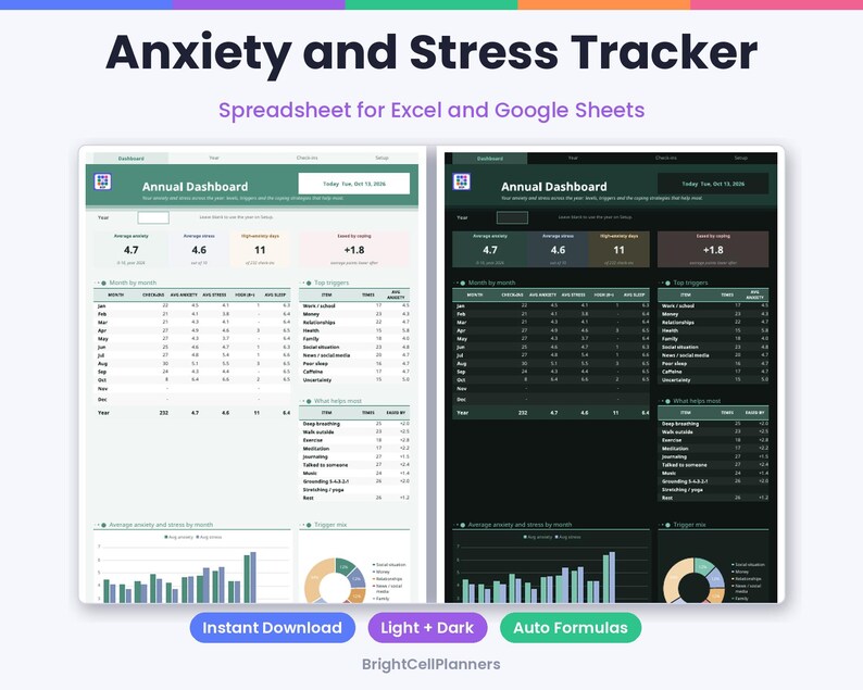 May include: Anxiety and Stress Tracker spreadsheet for Excel and Google Sheets featuring two Annual Dashboard views in light and dark modes. The interface displays monthly data tables, trigger lists, bar charts, and pie charts for tracking mental health metrics.