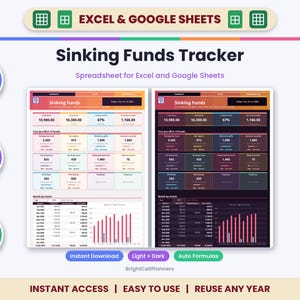 Może przedstawiać: Cyfrowy arkusz kalkulacyjny do śledzenia funduszy celowych dla Excel i Google Sheets w wersji jasnej i ciemnej. Interfejs wyświetla dane finansowe, cele, procenty i wykresy miesięczne. Tekst: Auto Formulas, Fully Editable, Mac, PC & Mobile, Instant Download.