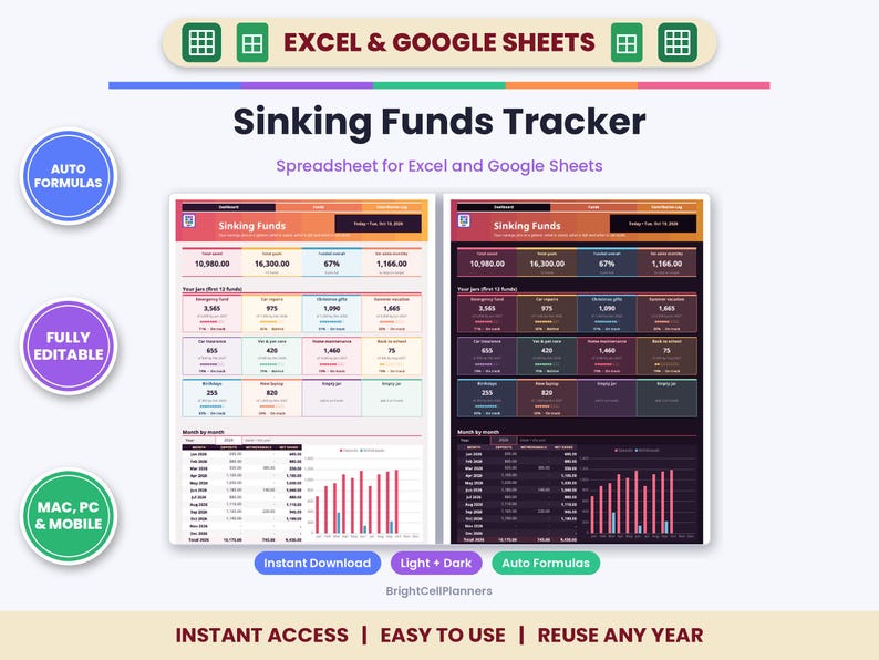 Może przedstawiać: Cyfrowy arkusz kalkulacyjny do śledzenia funduszy celowych dla Excel i Google Sheets w wersji jasnej i ciemnej. Interfejs wyświetla dane finansowe, cele, procenty i wykresy miesięczne. Tekst: Auto Formulas, Fully Editable, Mac, PC & Mobile, Instant Download.
