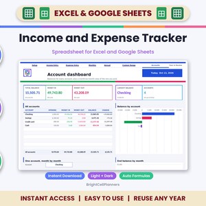 Puede incluir: Una hoja de c&aacute;lculo de seguimiento de ingresos y gastos para Excel y Google Sheets que presenta un panel de control de cuentas con datos financieros, tablas y gr&aacute;ficos de barras. La interfaz muestra el saldo total, dinero entrante, dinero saliente y desgloses de cuentas.