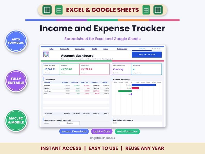 Puede incluir: Una hoja de c&aacute;lculo de seguimiento de ingresos y gastos para Excel y Google Sheets que presenta un panel de control de cuentas con datos financieros, tablas y gr&aacute;ficos de barras. La interfaz muestra el saldo total, dinero entrante, dinero saliente y desgloses de cuentas.