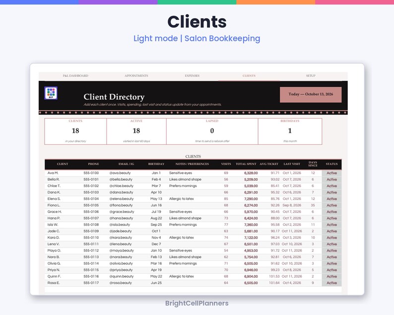 K&ouml;nnte beinhalten: Ein digitales Buchhaltungs-Dashboard f&uuml;r Salons mit dem Titel Client Directory, das eine Tabelle mit Kundendaten wie Namen, Telefonnummern, E-Mails, Geburtstagen, Besuchen, Gesamtausgaben und aktivem Status anzeigt.