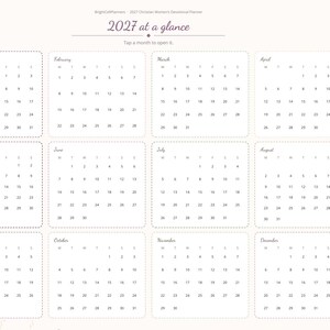 May include: A digital 2027 calendar planner page titled 2027 at a glance with the instruction Tap a month to open it. The layout features twelve monthly grids in dashed boxes and a vertical navigation sidebar with tabs for months and sections.