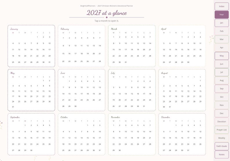 May include: A digital 2027 calendar planner page titled 2027 at a glance with the instruction Tap a month to open it. The layout features twelve monthly grids in dashed boxes and a vertical navigation sidebar with tabs for months and sections.