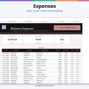 K&ouml;nnte beinhalten: Ein digitales Ausgaben-Dashboard f&uuml;r die Salon-Buchhaltung mit dem Titel Expenses in hellem Design. Es zeigt eine Zusammenfassung der Ausgaben f&uuml;r das Jahr, den Monat und die Gesamteintr&auml;ge sowie eine detaillierte Tabelle mit Datum, Anbieter, Kategorie, Beschreibung, Betrag und Zahlungsmethode.