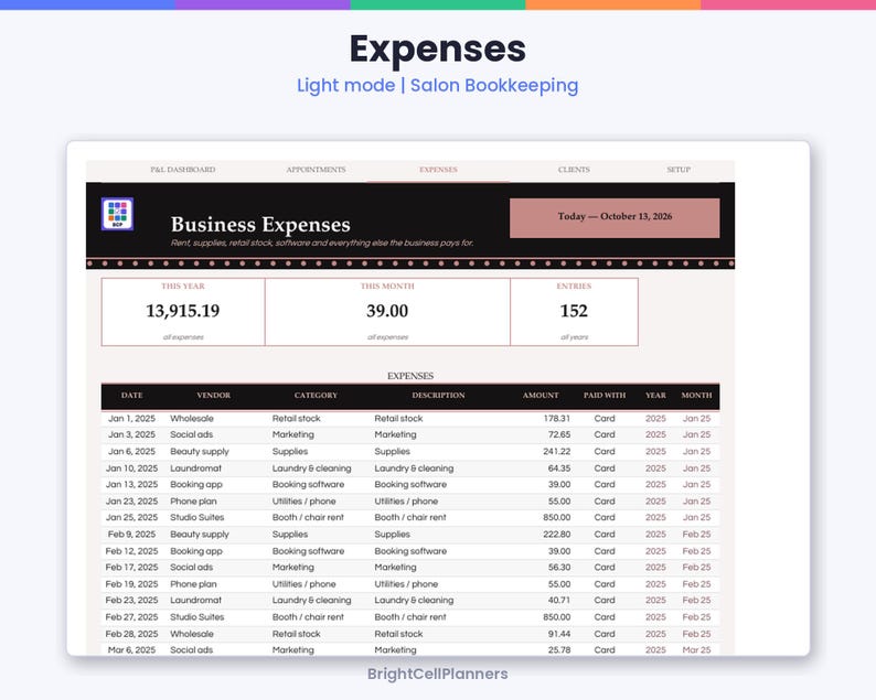 K&ouml;nnte beinhalten: Ein digitales Ausgaben-Dashboard f&uuml;r die Salon-Buchhaltung mit dem Titel Expenses in hellem Design. Es zeigt eine Zusammenfassung der Ausgaben f&uuml;r das Jahr, den Monat und die Gesamteintr&auml;ge sowie eine detaillierte Tabelle mit Datum, Anbieter, Kategorie, Beschreibung, Betrag und Zahlungsmethode.