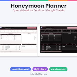 May include: A digital Honeymoon Planner spreadsheet for Excel and Google Sheets featuring light and dark mode dashboard views. The interface displays tables, data fields, and summary metrics. Text includes Honeymoon Planner, Spreadsheet for Excel and Google Sheets, Instant Download, Light + Dark, Auto Formulas, and BrightCellPlanners.