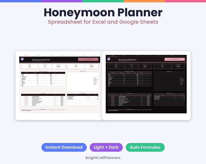 May include: A digital Honeymoon Planner spreadsheet for Excel and Google Sheets featuring light and dark mode dashboard views. The interface displays tables, data fields, and summary metrics. Text includes Honeymoon Planner, Spreadsheet for Excel and Google Sheets, Instant Download, Light + Dark, Auto Formulas, and BrightCellPlanners.