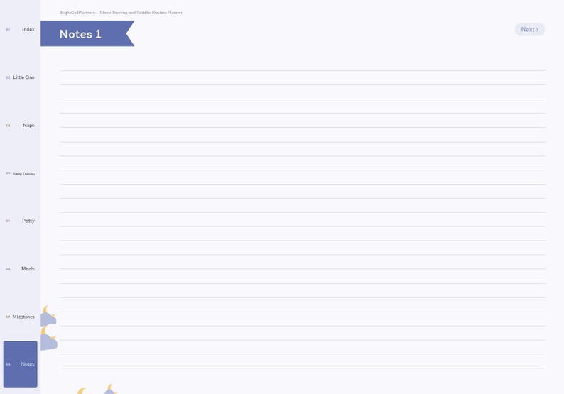May include: A digital planner page titled Notes 1 with a light purple background and horizontal lines. The left sidebar features navigation tabs labeled Index, Little One, Naps, Sleep Training, Potty, Meals, Milestones, and Notes.