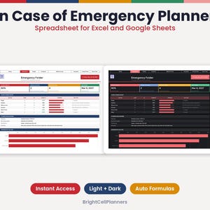 May include: In Case of Emergency Planner spreadsheet for Excel and Google Sheets featuring light and dark mode interfaces. The digital dashboard displays an Emergency Folder with progress bars, data tables, and charts for tracking information.