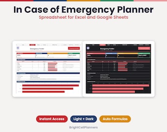 Puede incluir: Hoja de cálculo In Case of Emergency Planner para Excel y Google Sheets con interfaces en modo claro y oscuro. El panel digital muestra una carpeta de emergencia con barras de progreso, tablas de datos y gráficos informativos.