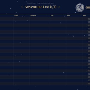 May include: A digital planner page titled Adventure List (1/2) with a dark blue starry background. The table includes columns for Adventure, Where, Who With, Cost, When, and Done. A crescent moon icon, a circular graphic, and a navigation sidebar are visible.