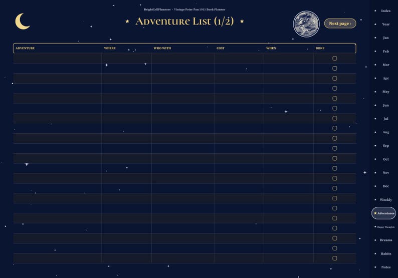 May include: A digital planner page titled Adventure List (1/2) with a dark blue starry background. The table includes columns for Adventure, Where, Who With, Cost, When, and Done. A crescent moon icon, a circular graphic, and a navigation sidebar are visible.