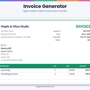 May include: A digital invoice template titled Invoice Generator with a light mode interface. The document displays Maple & Moss Studio details, bill to information for Marcus Hill, and a table listing logo design and consulting services.