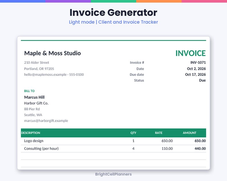May include: A digital invoice template titled Invoice Generator with a light mode interface. The document displays Maple & Moss Studio details, bill to information for Marcus Hill, and a table listing logo design and consulting services.