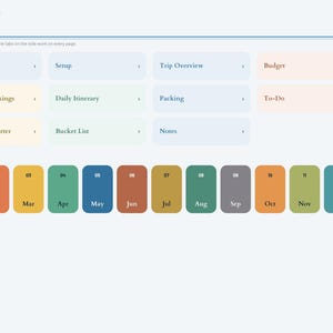 May include: A digital travel planner index page for 2027 featuring a navigation menu with tiles for Year at a glance, Setup, Trip Overview, Budget, Research & Bookings, Daily Itinerary, Packing, To-Do, Currency Converter, Bucket List, and Notes.