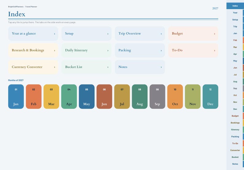 May include: A digital travel planner index page for 2027 featuring a navigation menu with tiles for Year at a glance, Setup, Trip Overview, Budget, Research & Bookings, Daily Itinerary, Packing, To-Do, Currency Converter, Bucket List, and Notes.