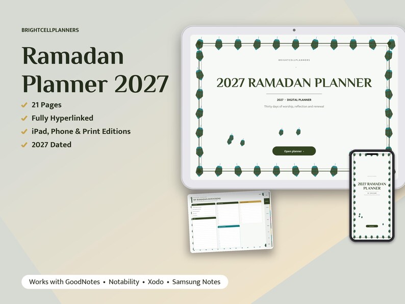2027 Ramadan Planner Digital, 30 Day Fasting Tracker, Quran Reading Tracker, Salah Log, Suhoor Iftar Meal Plan, Eid Prep image 1