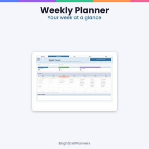 May include: A digital weekly planner interface displayed on a screen, featuring the text Weekly Planner and Your week at a glance. The layout includes a table with columns for days of the week, colour-coded headers, and a notes section at the bottom.