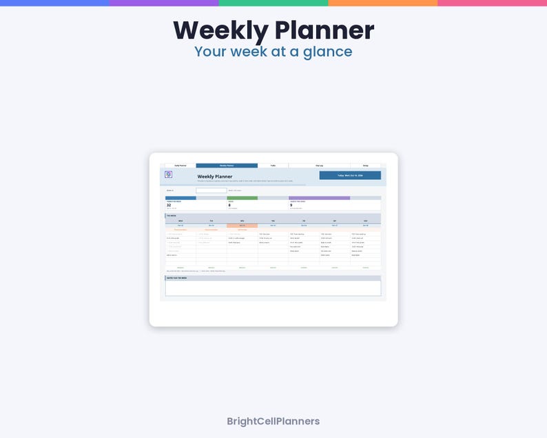 May include: A digital weekly planner interface displayed on a screen, featuring the text Weekly Planner and Your week at a glance. The layout includes a table with columns for days of the week, colour-coded headers, and a notes section at the bottom.