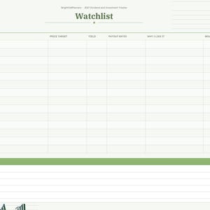 Puede incluir: Una p&aacute;gina de planificador de lista de seguimiento titulada Watchlist con columnas para ticker, nombre, precio objetivo, rendimiento, ratio de pago, por qu&eacute; me gusta y comprado. Incluye una secci&oacute;n de notas y pesta&ntilde;as mensuales laterales.
