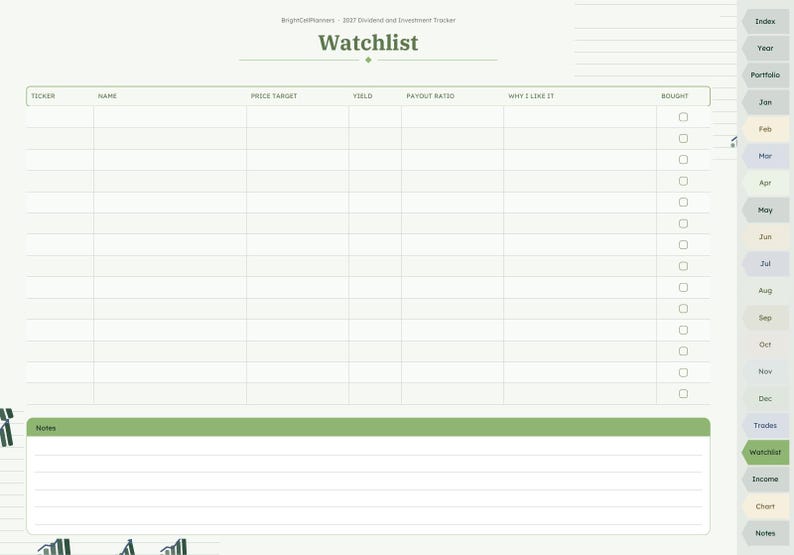 Puede incluir: Una p&aacute;gina de planificador de lista de seguimiento titulada Watchlist con columnas para ticker, nombre, precio objetivo, rendimiento, ratio de pago, por qu&eacute; me gusta y comprado. Incluye una secci&oacute;n de notas y pesta&ntilde;as mensuales laterales.