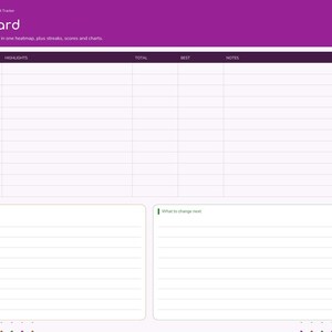 May include: A digital habit tracker dashboard for 2027 with a purple header labeled Dashboard. It features a monthly table for highlights, totals, and notes, plus two lined sections for wins, highlights, and changes. A sidebar lists months.