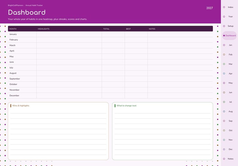 May include: A digital habit tracker dashboard for 2027 with a purple header labeled Dashboard. It features a monthly table for highlights, totals, and notes, plus two lined sections for wins, highlights, and changes. A sidebar lists months.