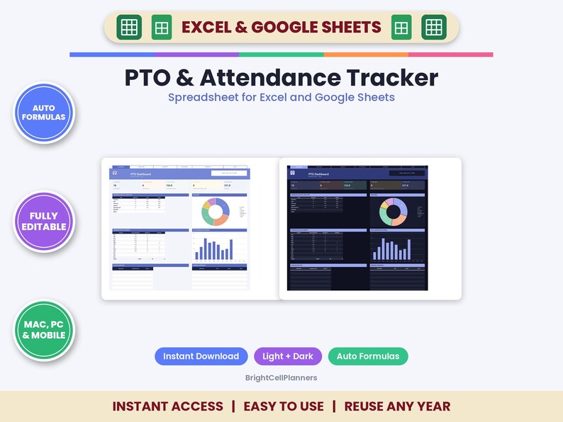 Op de afbeelding: Een digitaal verlof- en aanwezigheidsregistratie-spreadsheet voor Excel en Google Sheets. De interface toont een dashboard met gegevenstabellen, cirkeldiagrammen en staafdiagrammen in zowel lichte als donkere modus. Bevat tekstlabels voor automatische formules, is volledig bewerkbaar en compatibel met Mac, pc en mobiele apparaten.
