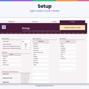 May include: A digital cycle tracker setup dashboard in light mode. The interface features sections for settings, symptoms, moods, and flow, with text fields for personal data, cycle length, and period duration, dated October 13, 2026.